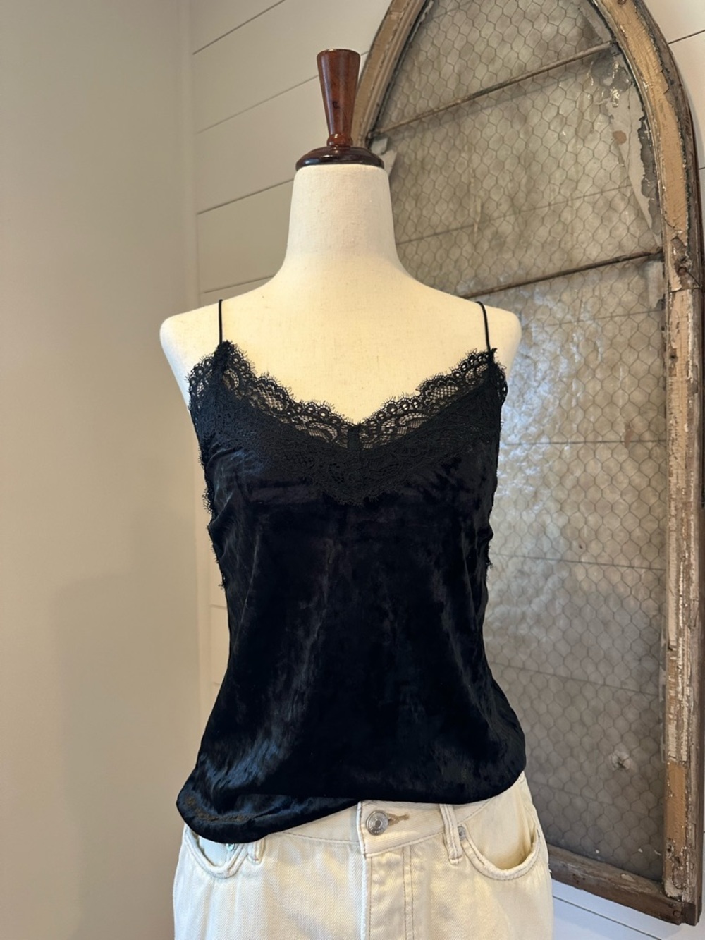 Dynamite Black Velvet Lace Trim Cami Top XS Whimsigoth